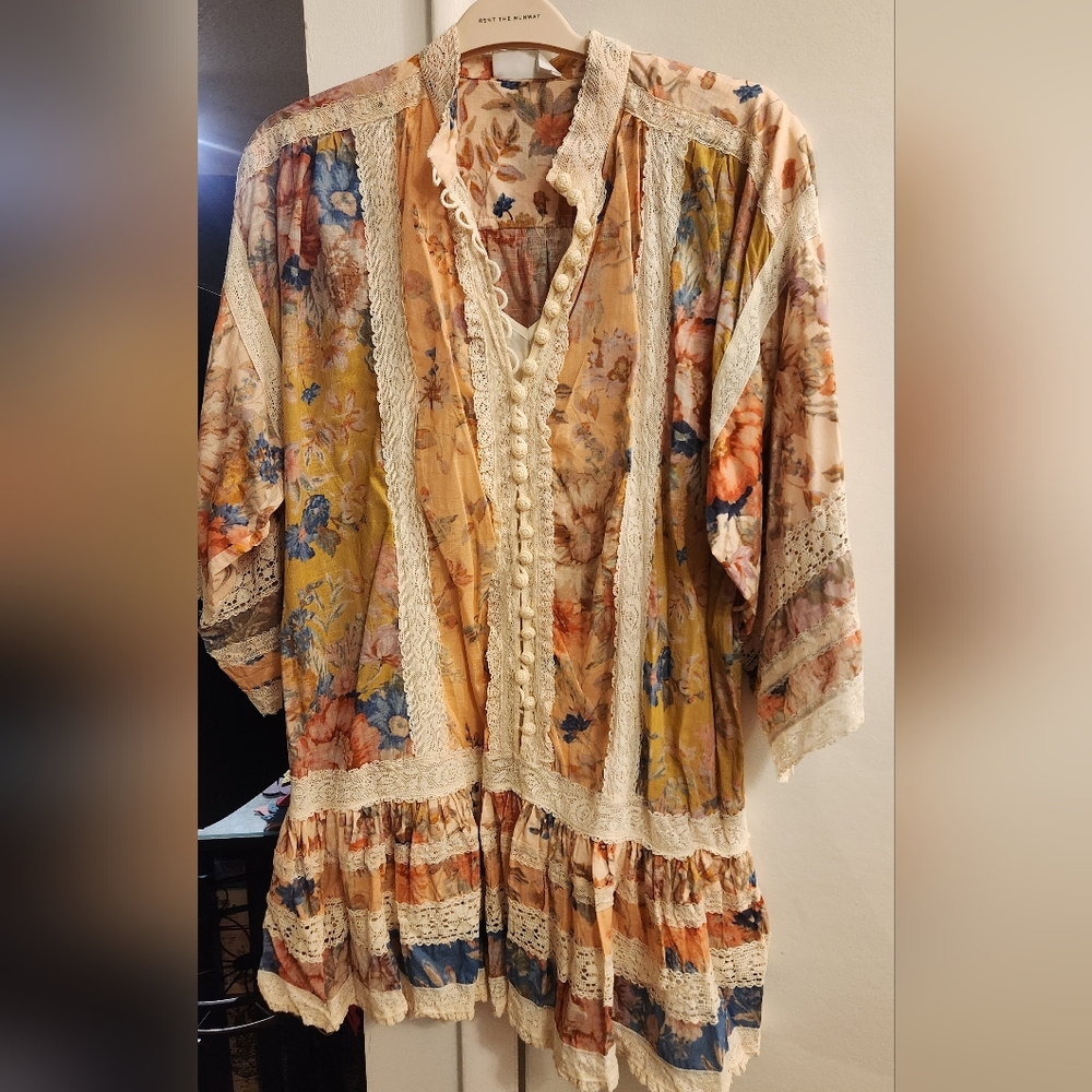 Zimmermann Floral Patchwork Tunic Dress in Cream, Yellow, Blue